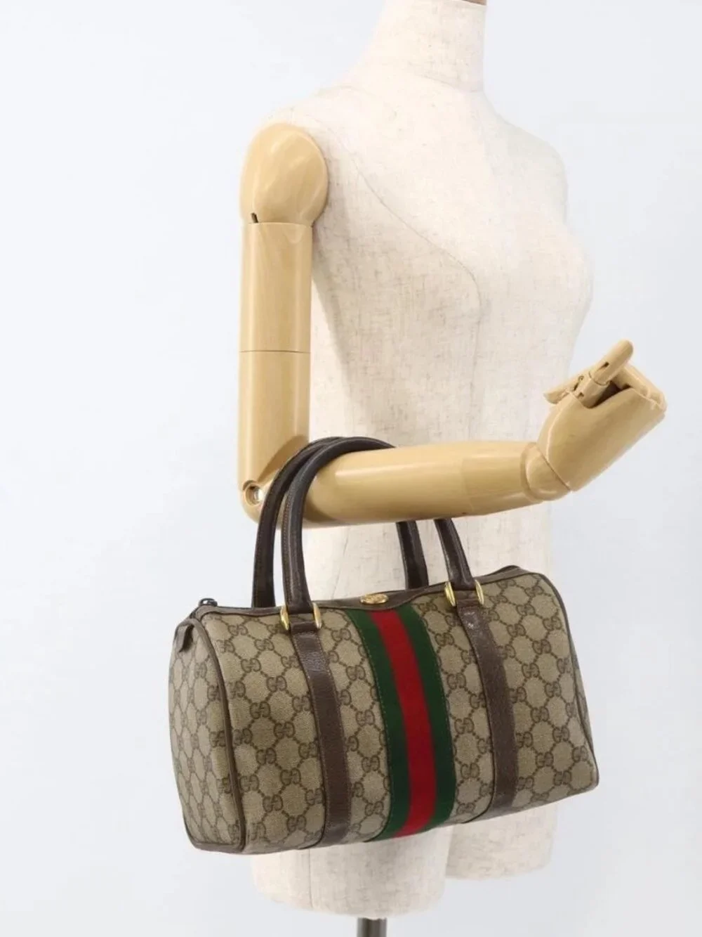 GUCCI GG Supreme Web Sherry Line Bag PVC Beige Gold 98 02 006 Auth BA12009